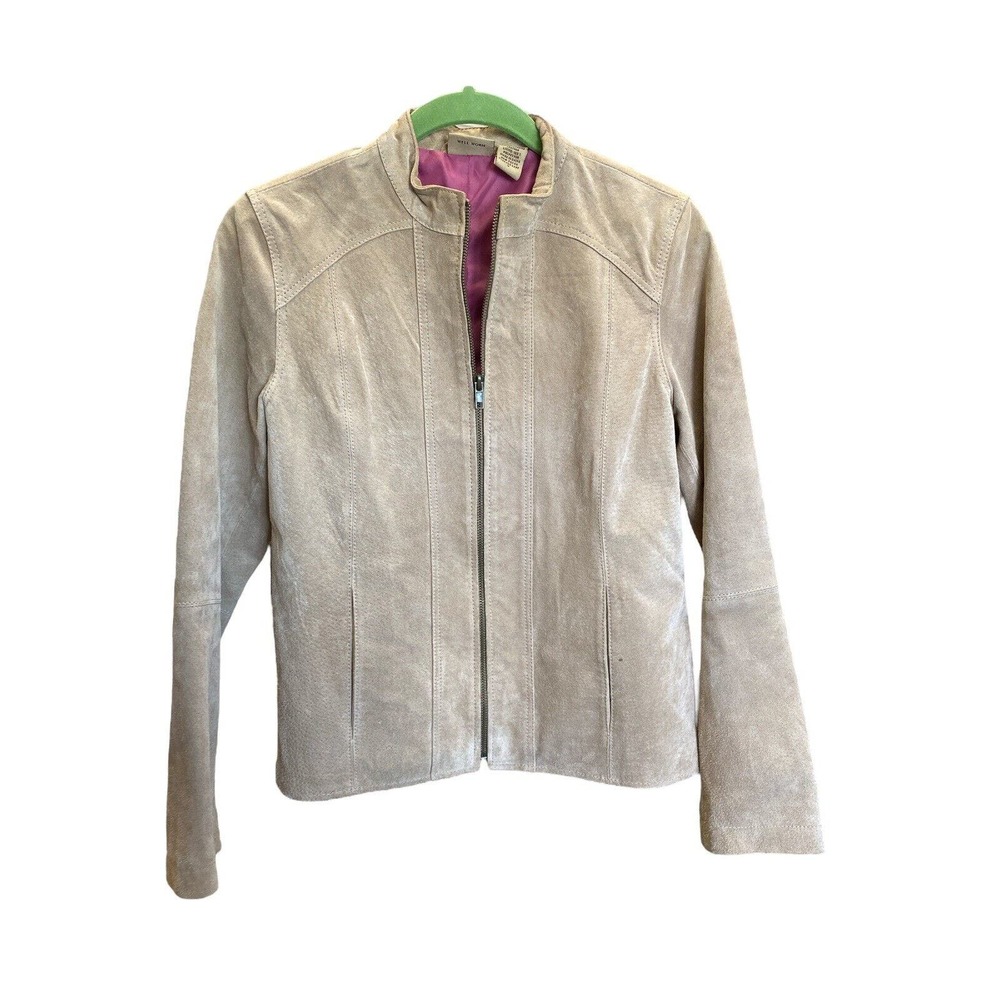 Ruff Hewn Suede Leather Jacket Small Beige Tan Full Zip Pockets Style Well Worn